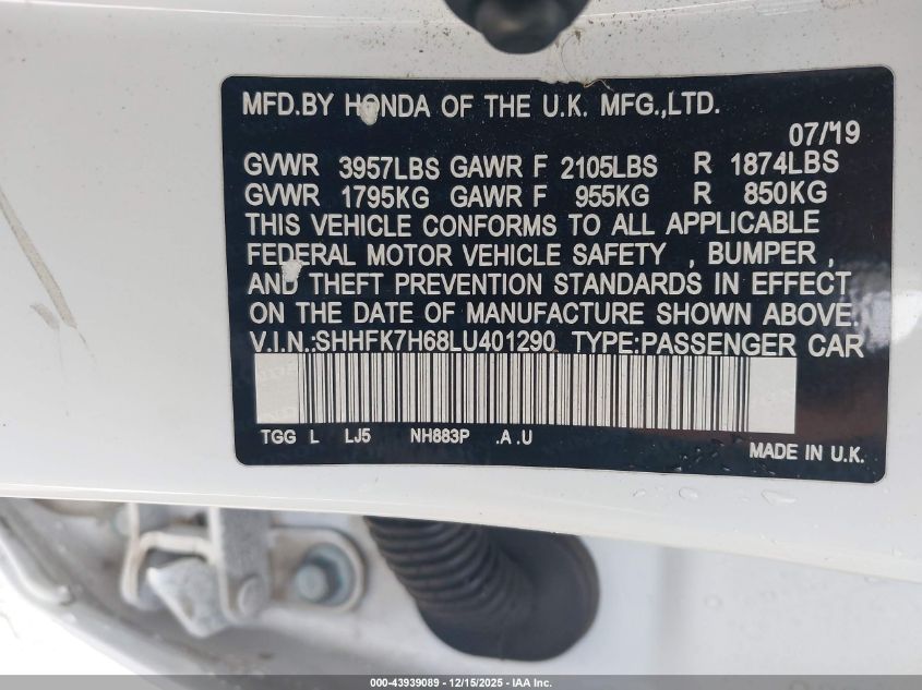 2020 Honda Civic Ex VIN: SHHFK7H68LU401290 Lot: 43939089