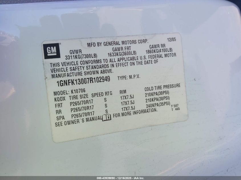 2007 Chevrolet Tahoe Lt VIN: 1GNFK13007R102949 Lot: 43939090