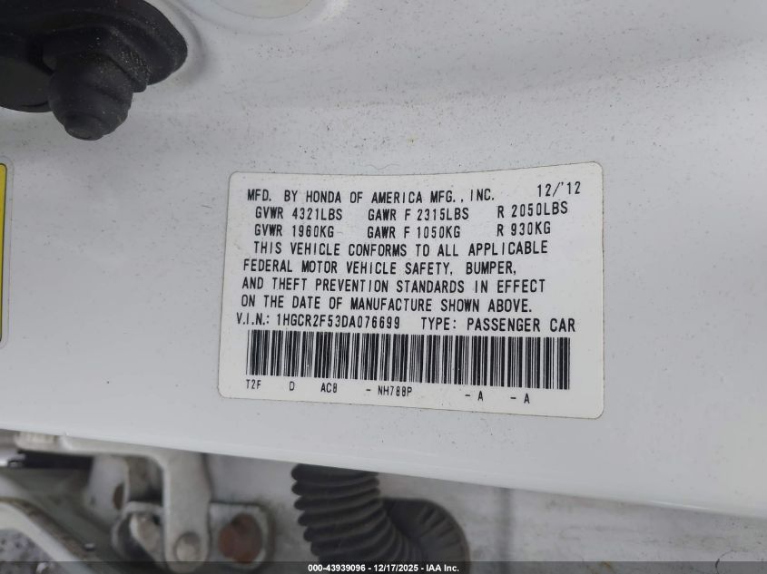 2013 Honda Accord Sport VIN: 1HGCR2F53DA076699 Lot: 43939096