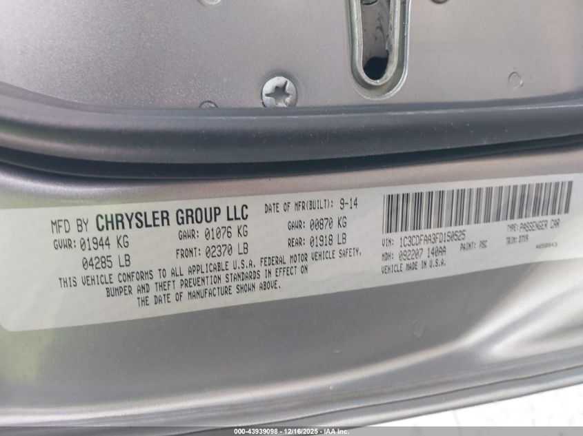 2015 Dodge Dart Se VIN: 1C3CDFAA3FD150525 Lot: 43939098