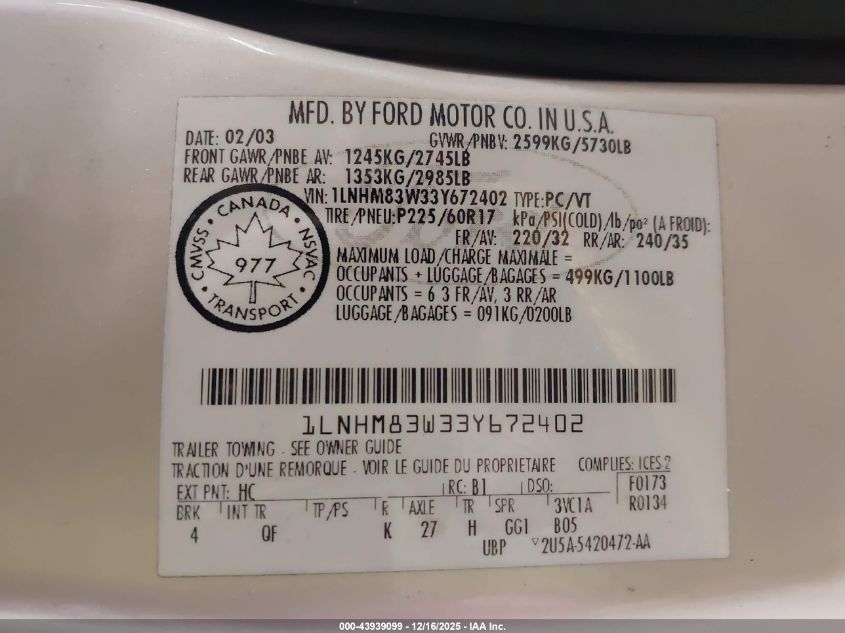 2003 Lincoln Town Car Cartier VIN: 1LNHM83W33Y672402 Lot: 43939099