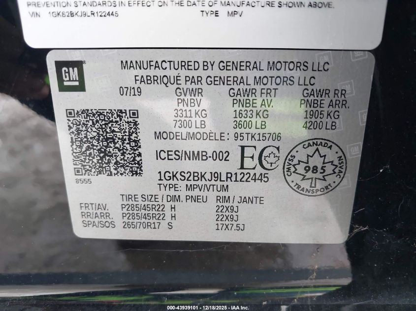 2020 GMC Yukon 4Wd Slt VIN: 1GKS2BKJ9LR122445 Lot: 43939101