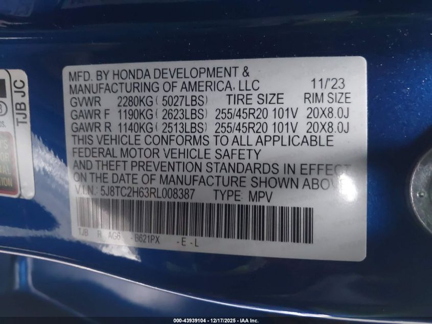 2024 Acura Rdx A-Spec Package VIN: 5J8TC2H63RL008387 Lot: 43939104