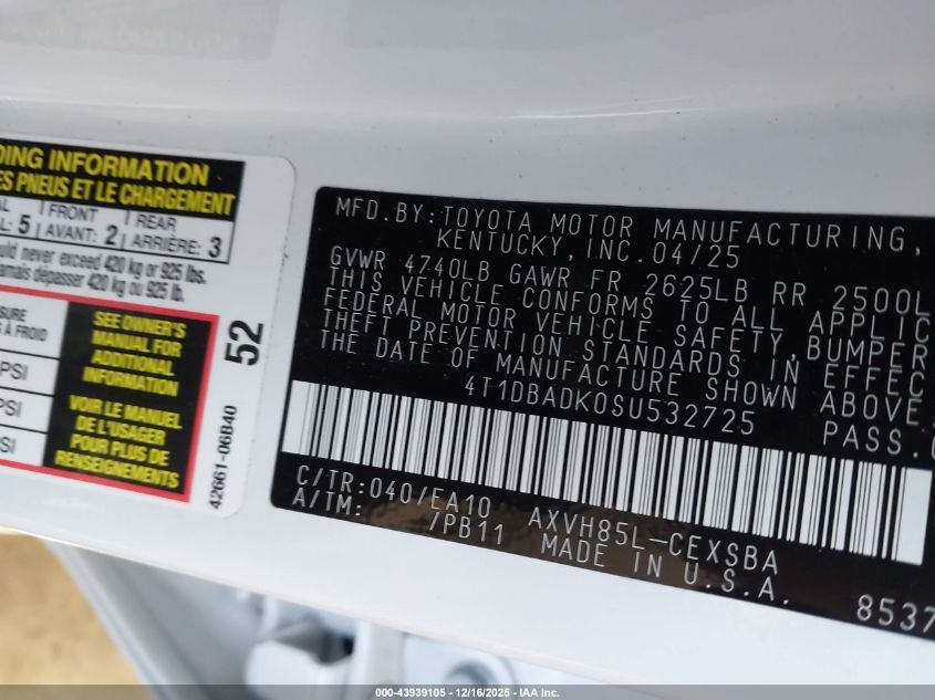 2025 Toyota Camry Se VIN: 4T1DBADK0SU532725 Lot: 43939105