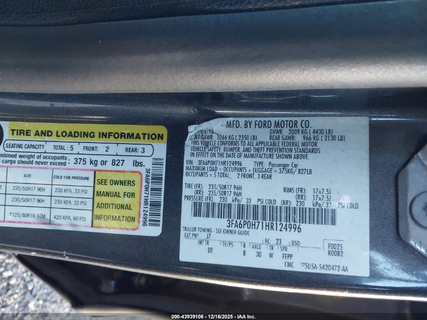 2017 Ford Fusion Se VIN: 3FA6P0H71HR124996 Lot: 43939106