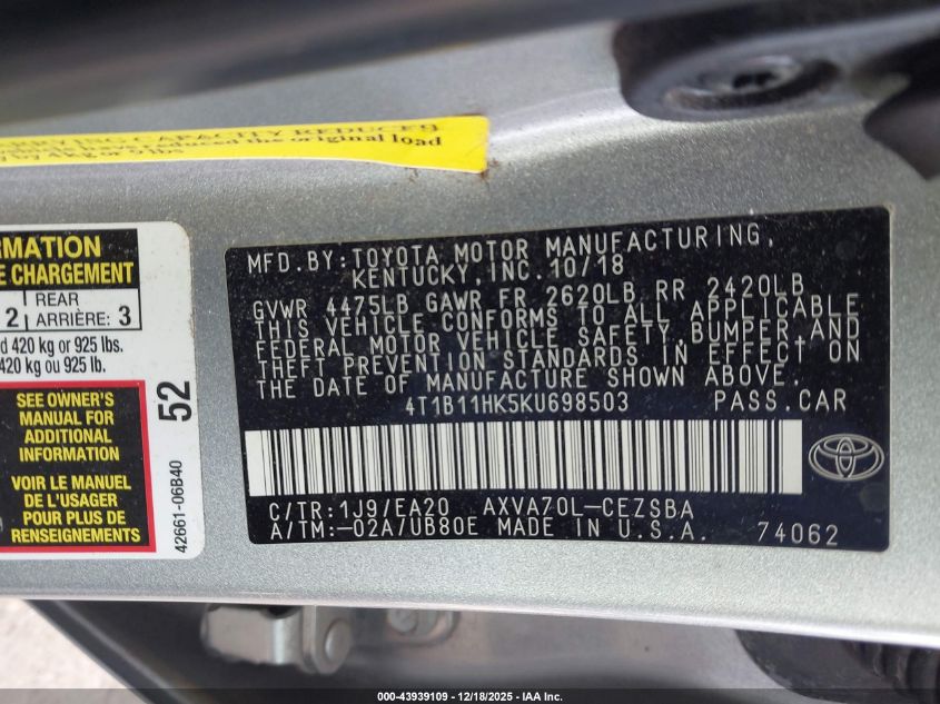 2019 Toyota Camry Se VIN: 4T1B11HK5KU698503 Lot: 43939109