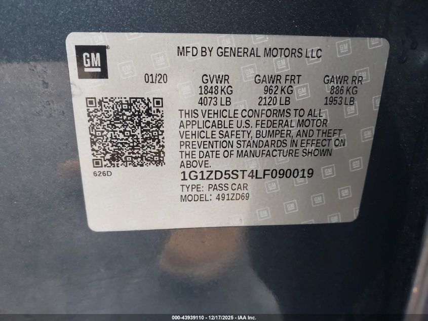 2020 Chevrolet Malibu Fwd Lt VIN: 1G1ZD5ST4LF090019 Lot: 43939110