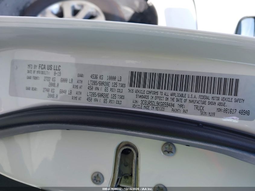 2019 Ram 2500 Big Horn 4X4 6'4 Box VIN: 3C6UR5DL9KG659404 Lot: 43939112