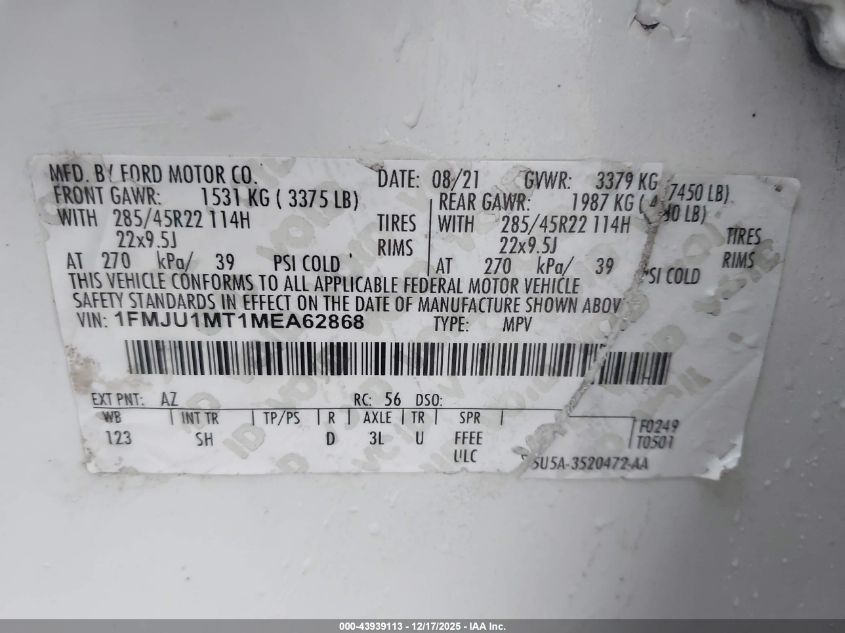 2021 Ford Expedition Platinum VIN: 1FMJU1MT1MEA62868 Lot: 43939113