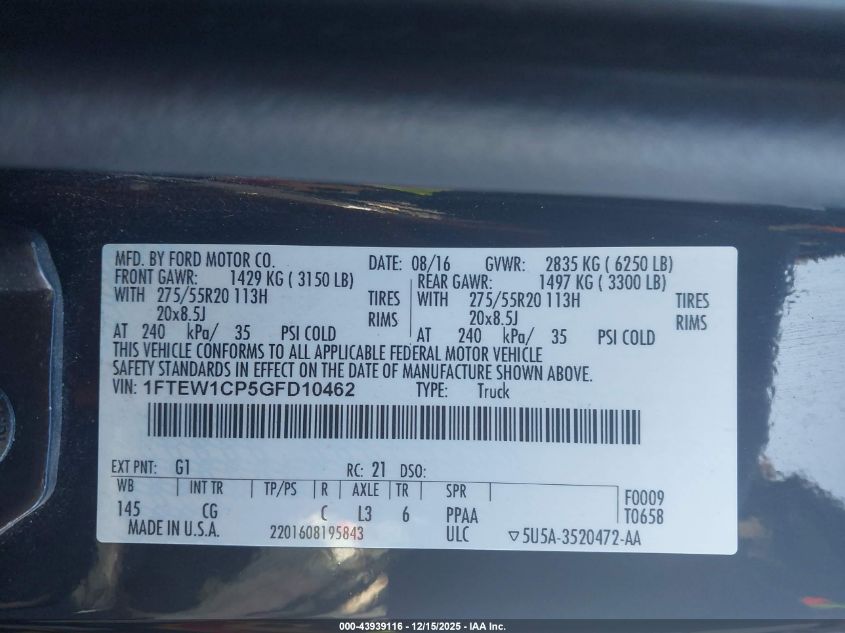 2016 Ford F-150 Xl VIN: 1FTEW1CP5GFD10462 Lot: 43939116