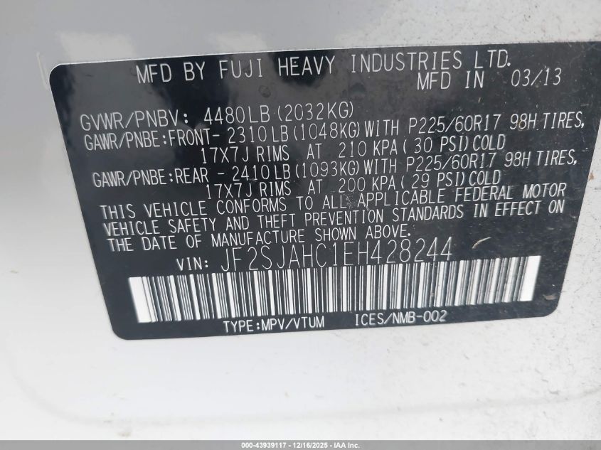 2014 Subaru Forester 2.5I Limited VIN: JF2SJAHC1EH428244 Lot: 43939117