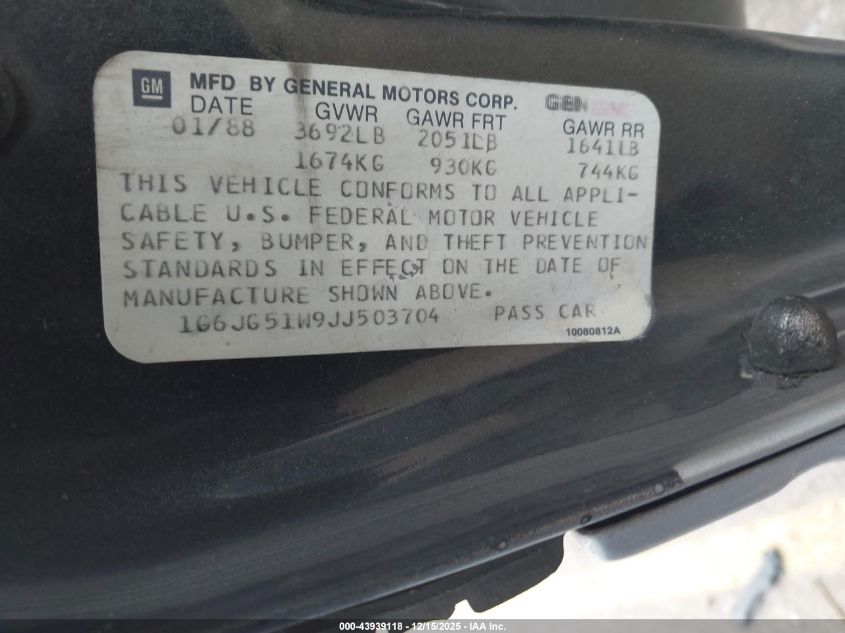 1988 Cadillac Cimarron VIN: 1G6JG51W9JJ503704 Lot: 43939118