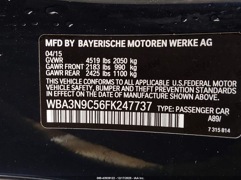 2015 BMW 428I xDrive VIN: WBA3N9C56FK247737 Lot: 43939122