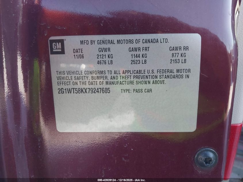 2007 Chevrolet Impala Lt VIN: 2G1WT58KX79247605 Lot: 43939124