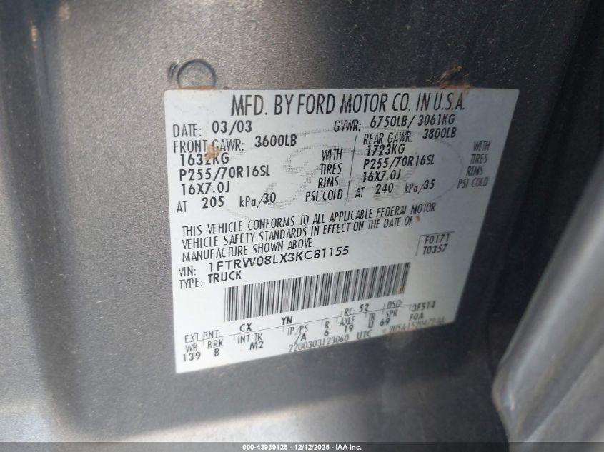 2003 Ford F-150 Lariat/Xlt VIN: 1FTRW08LX3KC81155 Lot: 43939125