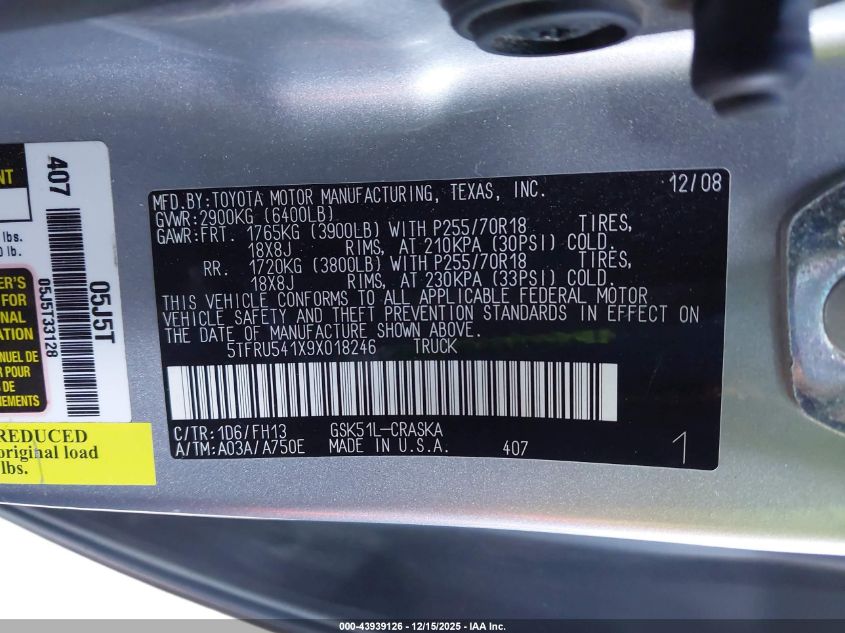 2009 Toyota Tundra Grade V6 VIN: 5TFRU541X9X018246 Lot: 43939126