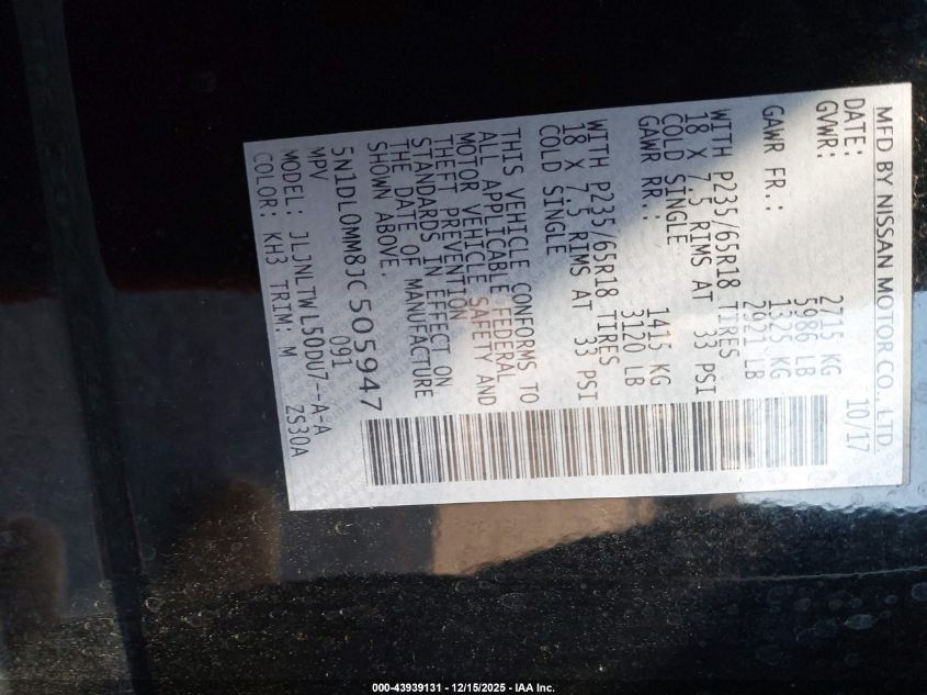 2018 Infiniti Qx60 VIN: 5N1DL0MM8JC505947 Lot: 43939131