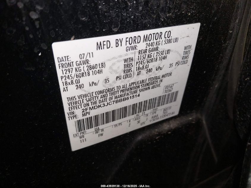 2011 Ford Edge Sel VIN: 2FMDK3JC7BBB61514 Lot: 43939138