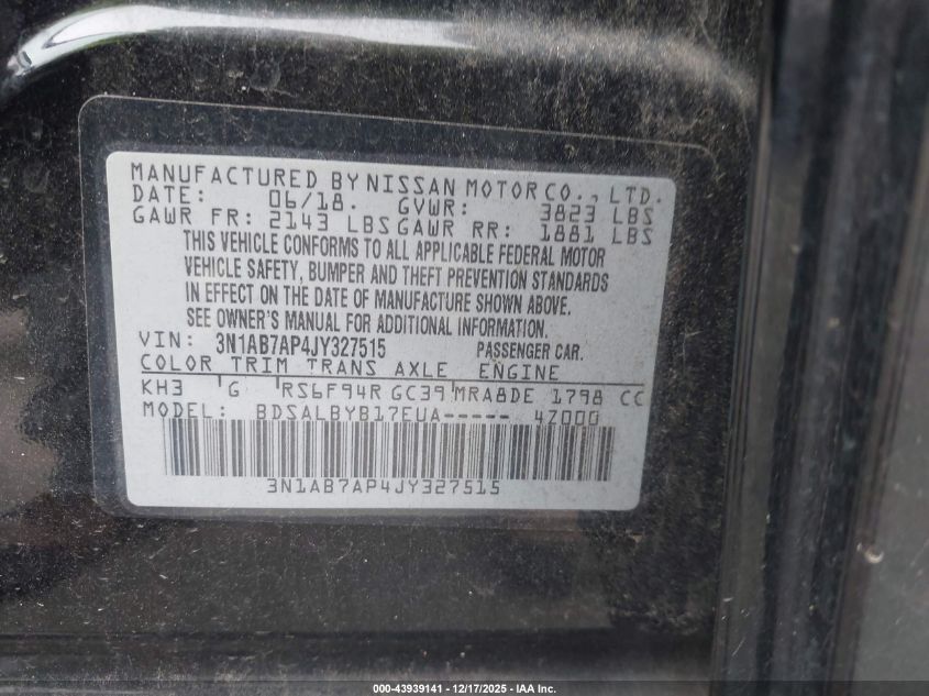 2018 Nissan Sentra S VIN: 3N1AB7AP4JY327515 Lot: 43939141