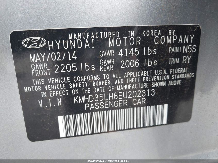2014 Hyundai Elantra Gt VIN: KMHD35LH6EU202313 Lot: 43939144