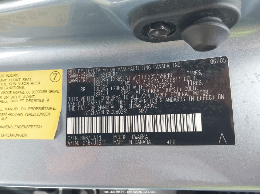 2005 Lexus Rx 330 VIN: 2T2HA31U65C080285 Lot: 43939151