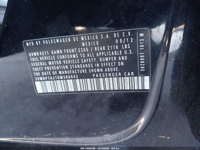 2013 Volkswagen Jetta 2.5L Se VIN: 3VWDP7AJ1DM380642 Lot: 43939156