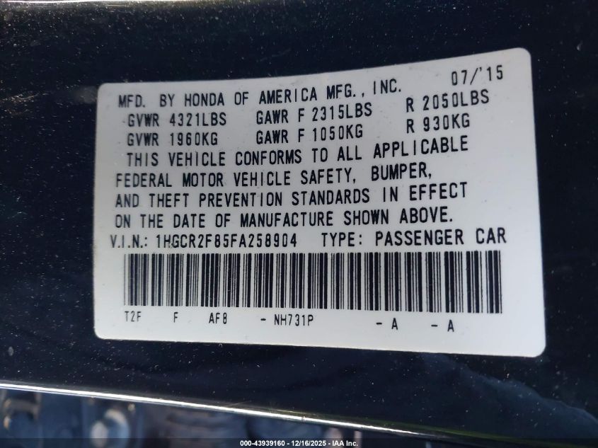 2015 Honda Accord Ex-L VIN: 1HGCR2F85FA258904 Lot: 43939160