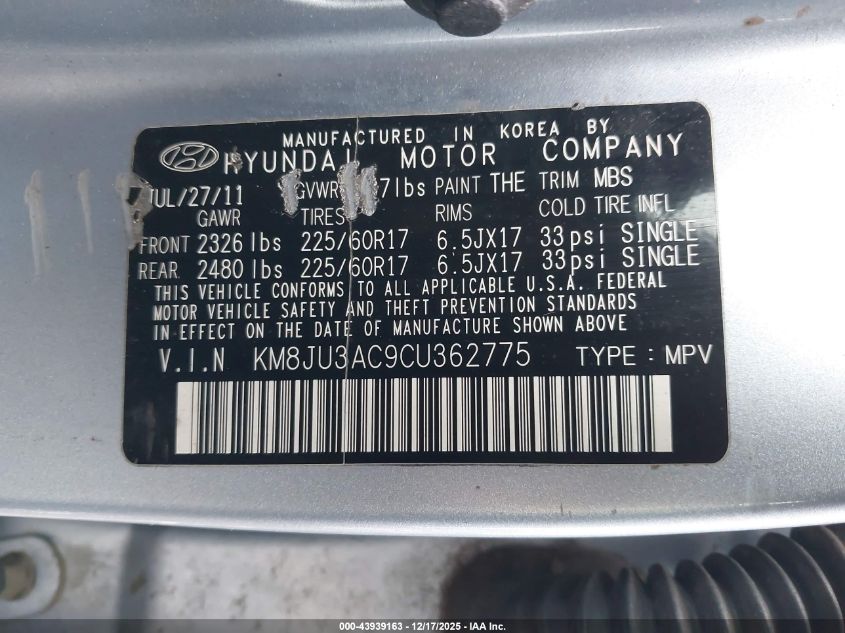 2012 Hyundai Tucson Gls VIN: KM8JU3AC9CU362775 Lot: 43939163