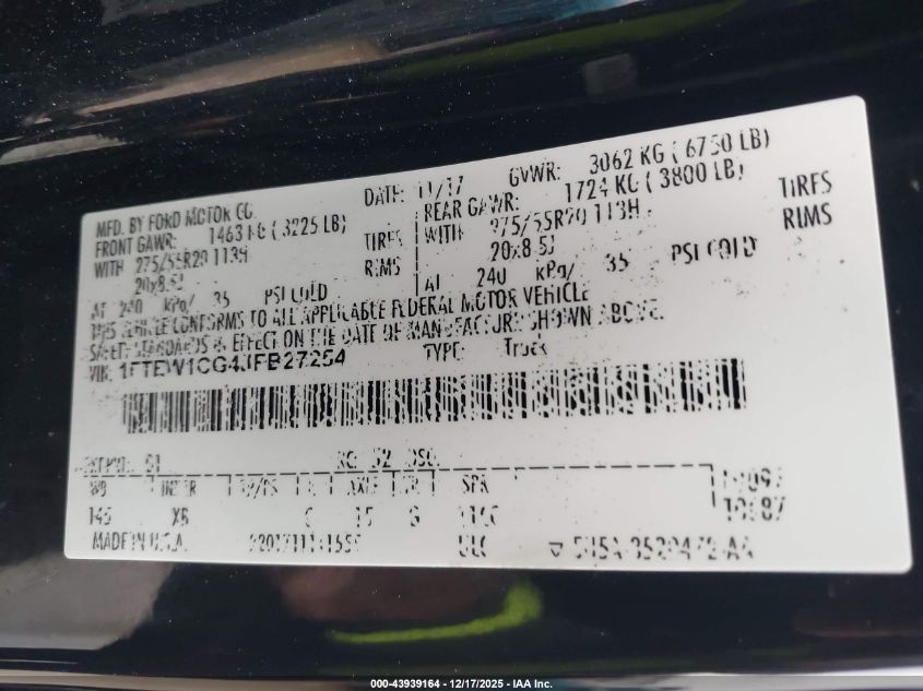 2018 Ford F-150 Xlt VIN: 1FTEW1CG4JFB27254 Lot: 43939164