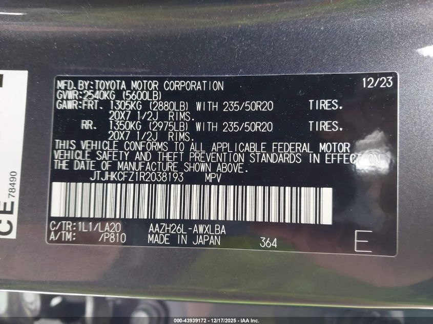 2024 Lexus Nx 450H+ Luxury VIN: JTJHKCFZ1R2038193 Lot: 43939172