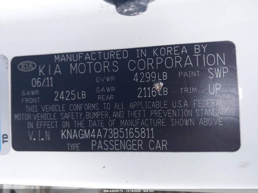 2011 Kia Optima Lx VIN: KNAGM4A73B5165811 Lot: 43939175