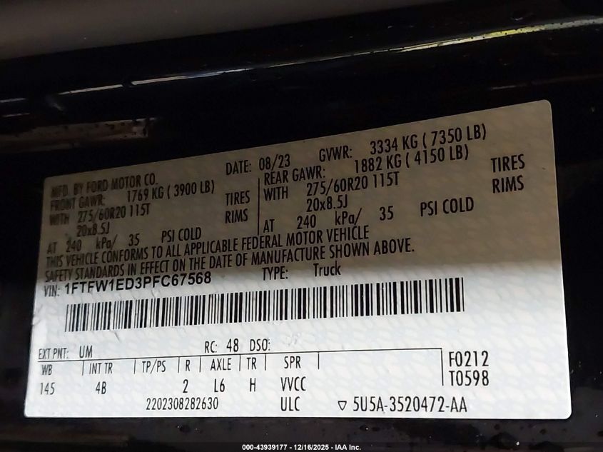 2023 Ford F-150 Xlt VIN: 1FTFW1ED3PFC67568 Lot: 43939177