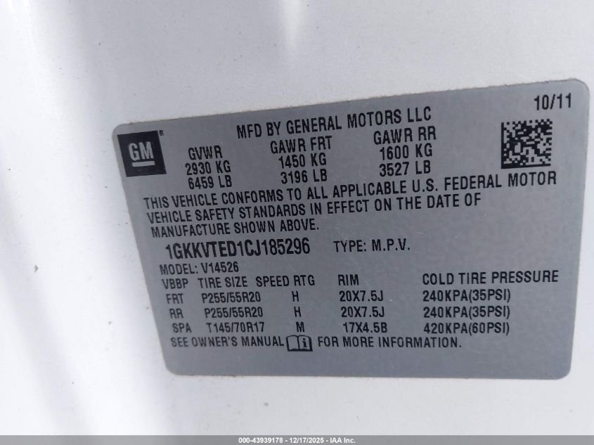 2012 GMC Acadia Denali VIN: 1GKKVTED1CJ185296 Lot: 43939178