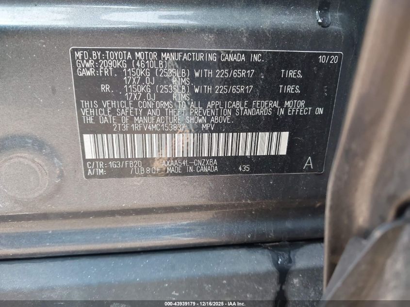 2021 Toyota Rav4 Le VIN: 2T3F1RFV4MC153837 Lot: 43939179