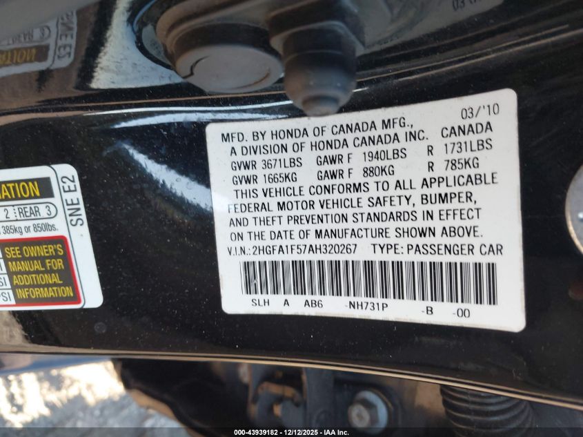 2010 Honda Civic Lx VIN: 2HGFA1F57AH320267 Lot: 43939182