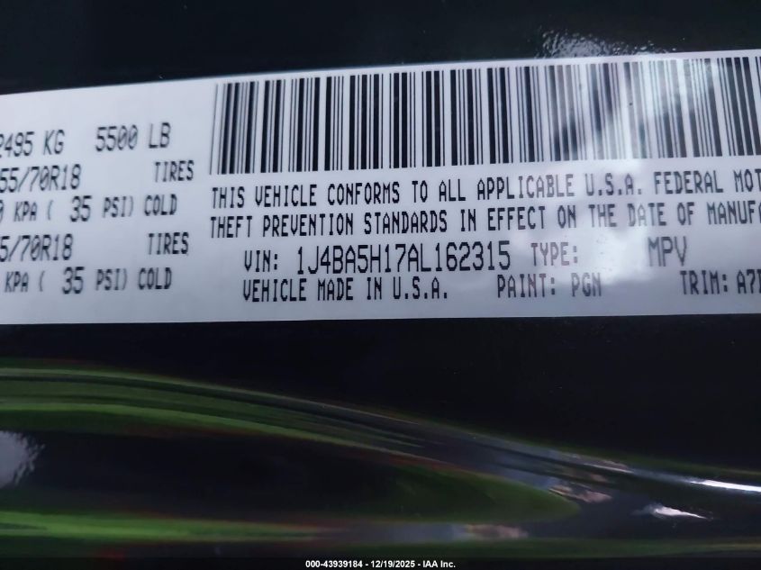 2010 Jeep Wrangler Unlimited Sahara VIN: 1J4BA5H17AL162315 Lot: 43939184