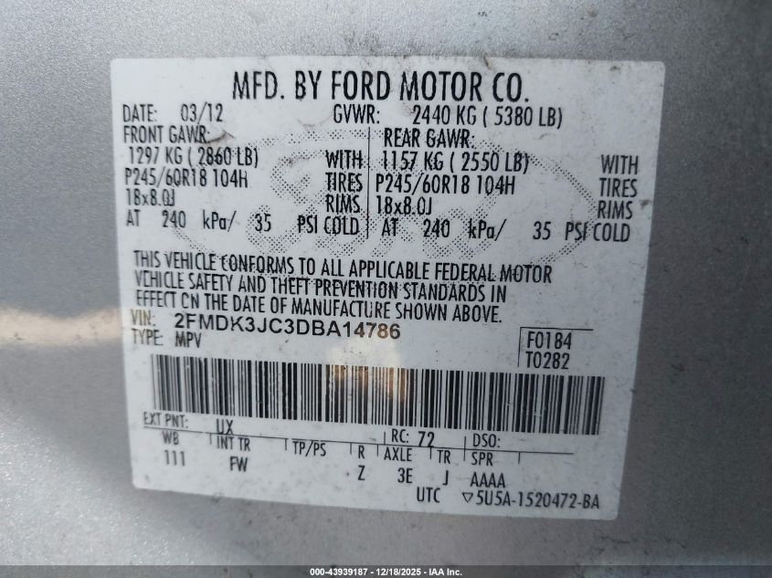 2013 Ford Edge Sel VIN: 2FMDK3JC3DBA14786 Lot: 43939187
