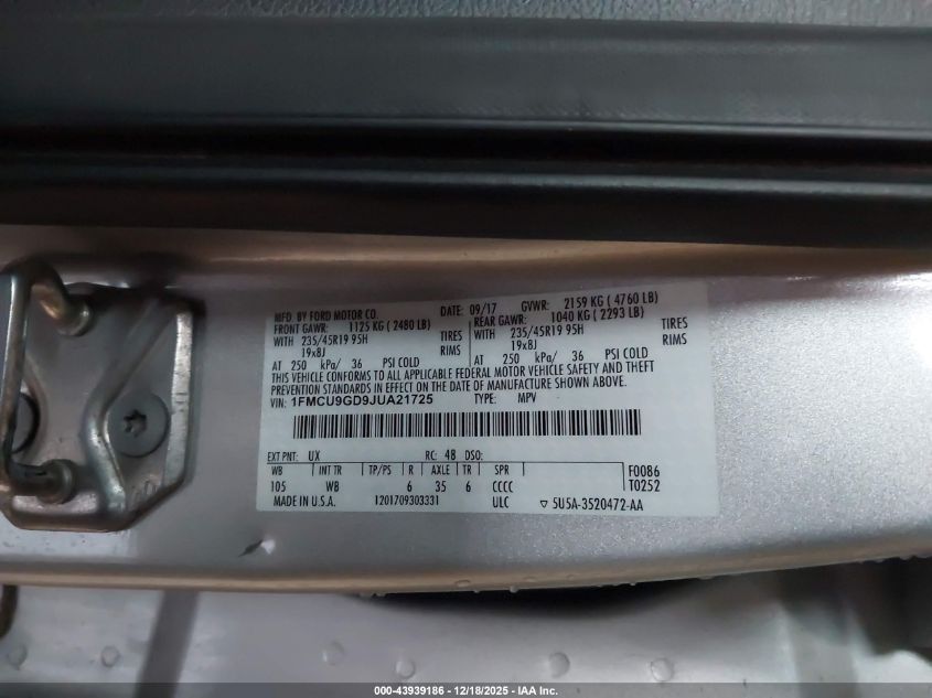 2018 Ford Escape Se VIN: 1FMCU9GD9JUA21725 Lot: 43939186