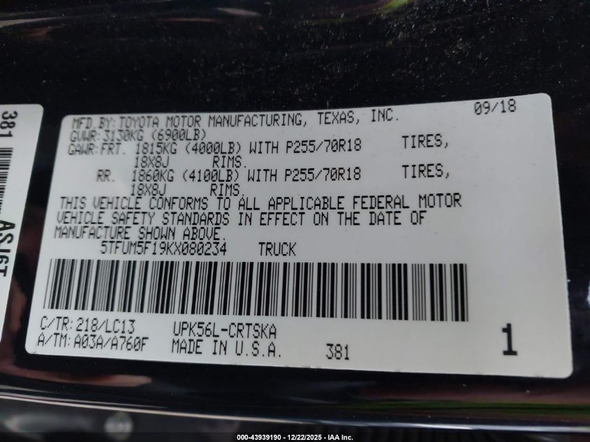 2019 Toyota Tundra Sr 4.6L V8 VIN: 5TFUM5F19KX080234 Lot: 43939190