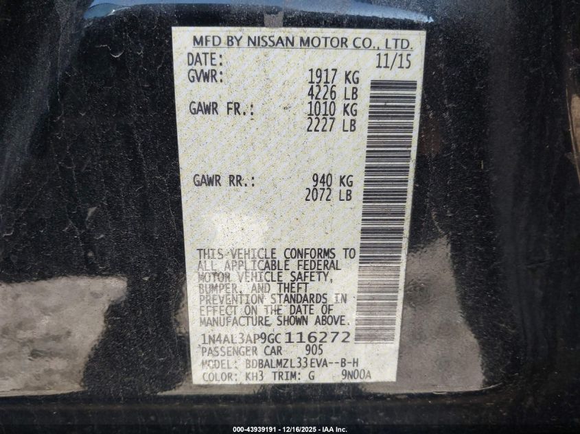 2016 Nissan Altima 2.5 Sv VIN: 1N4AL3AP9GC116272 Lot: 43939191