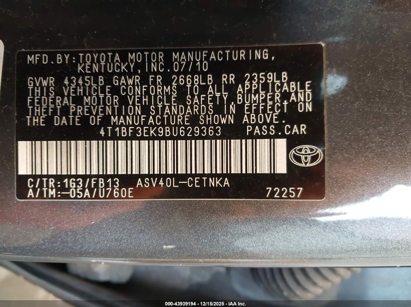 2011 Toyota Camry Le VIN: 4T1BF3EK9BU629363 Lot: 43939194