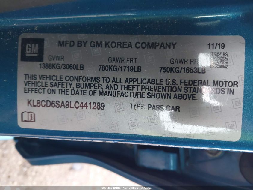 2020 Chevrolet Spark Fwd 1Lt Automatic VIN: KL8CD6SA9LC441289 Lot: 43939195