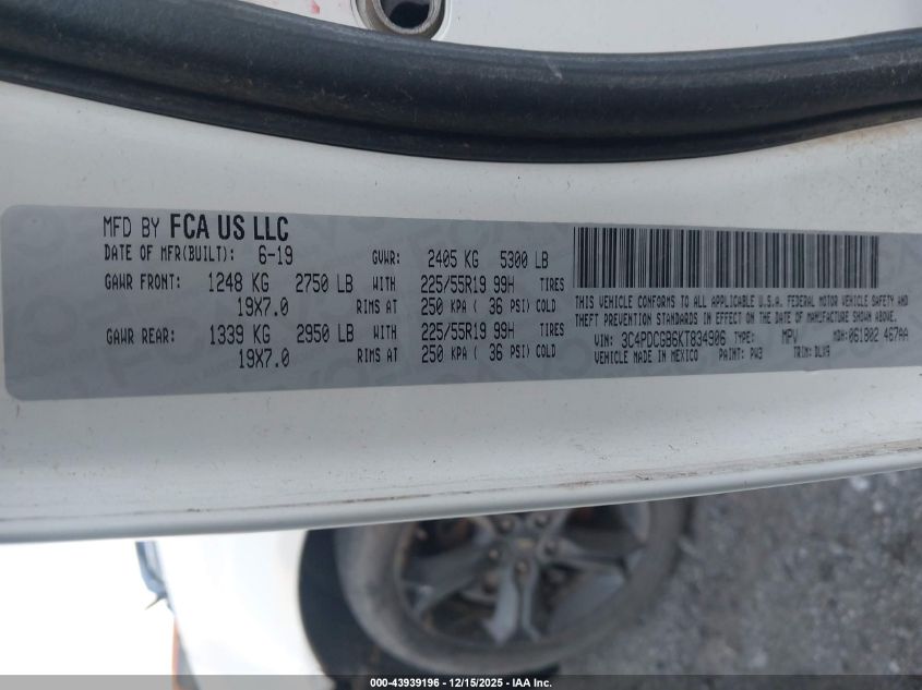 2019 Dodge Journey Crossroad VIN: 3C4PDCGB6KT834906 Lot: 43939196