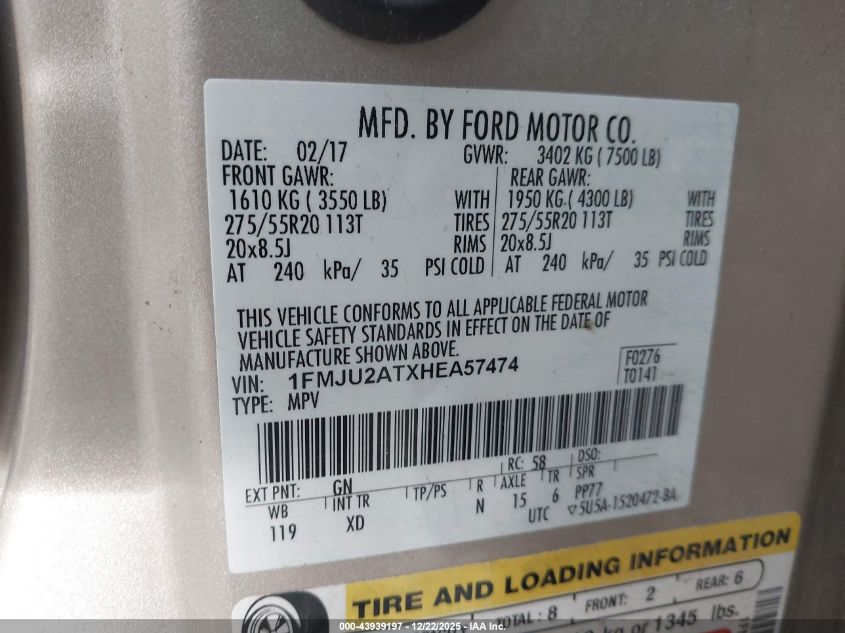 2017 Ford Expedition Limited VIN: 1FMJU2ATXHEA57474 Lot: 43939197