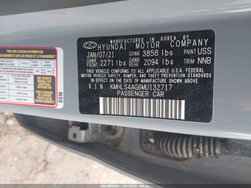 2021 Hyundai Elantra Sel VIN: KMHLS4AG6MU132717 Lot: 43939201