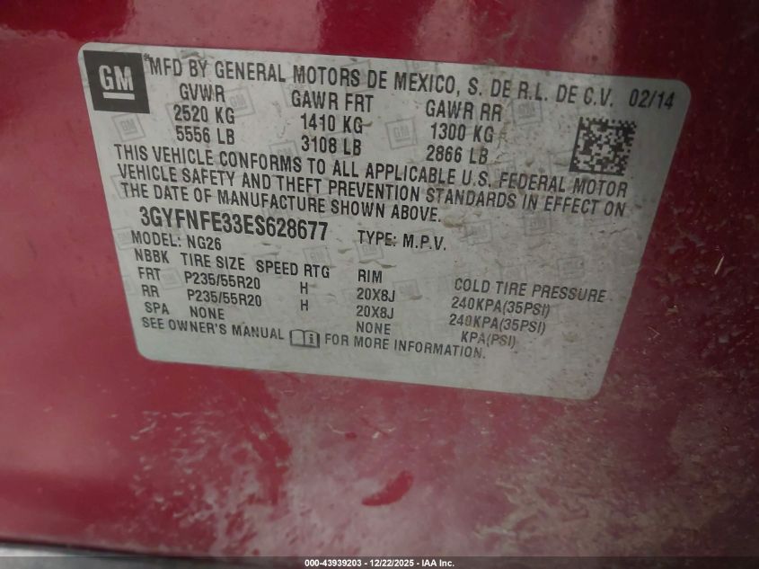 2014 Cadillac Srx Performance Collection VIN: 3GYFNFE33ES628677 Lot: 43939203