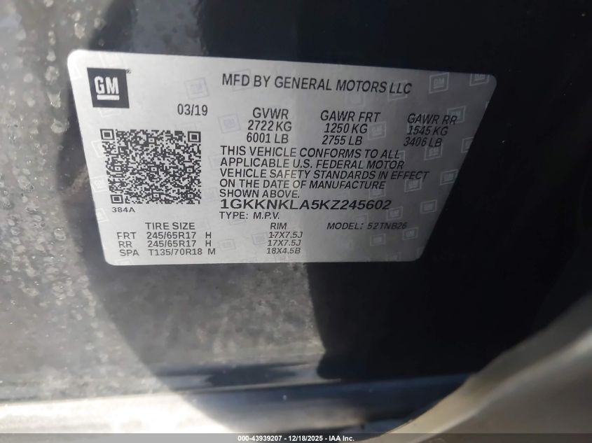 2019 GMC Acadia Sle-1 VIN: 1GKKNKLA5KZ245602 Lot: 43939207