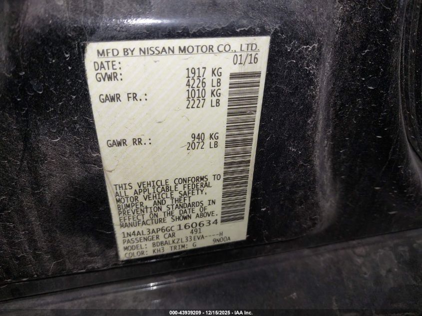 2016 Nissan Altima 2.5 Sv VIN: 1N4AL3AP6GC160634 Lot: 43939209