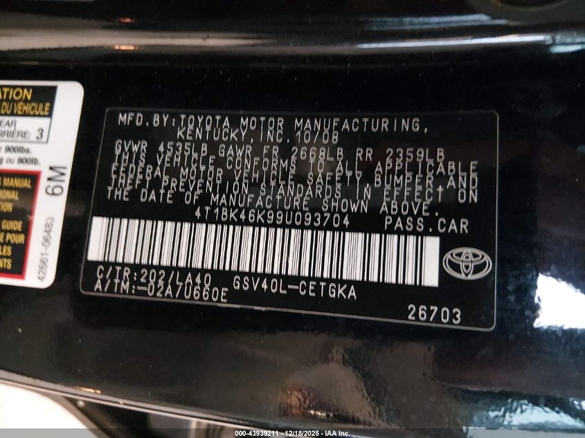 2009 Toyota Camry Xle V6 VIN: 4T1BK46K99U093704 Lot: 43939211