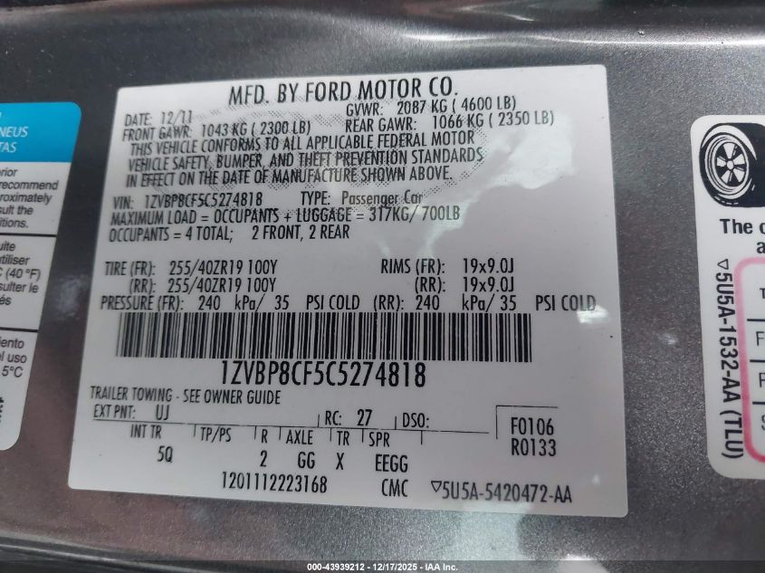 2012 Ford Mustang Gt Premium VIN: 1ZVBP8CF5C5274818 Lot: 43939212